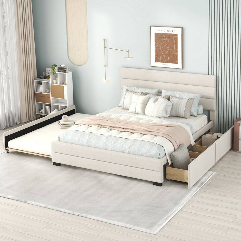 Upholstered Queen Size Platform Bed with 2 Storage Drawers and Twin Trundle Bed, Wood Queen Bed Frame with Linen Fabric - Beige