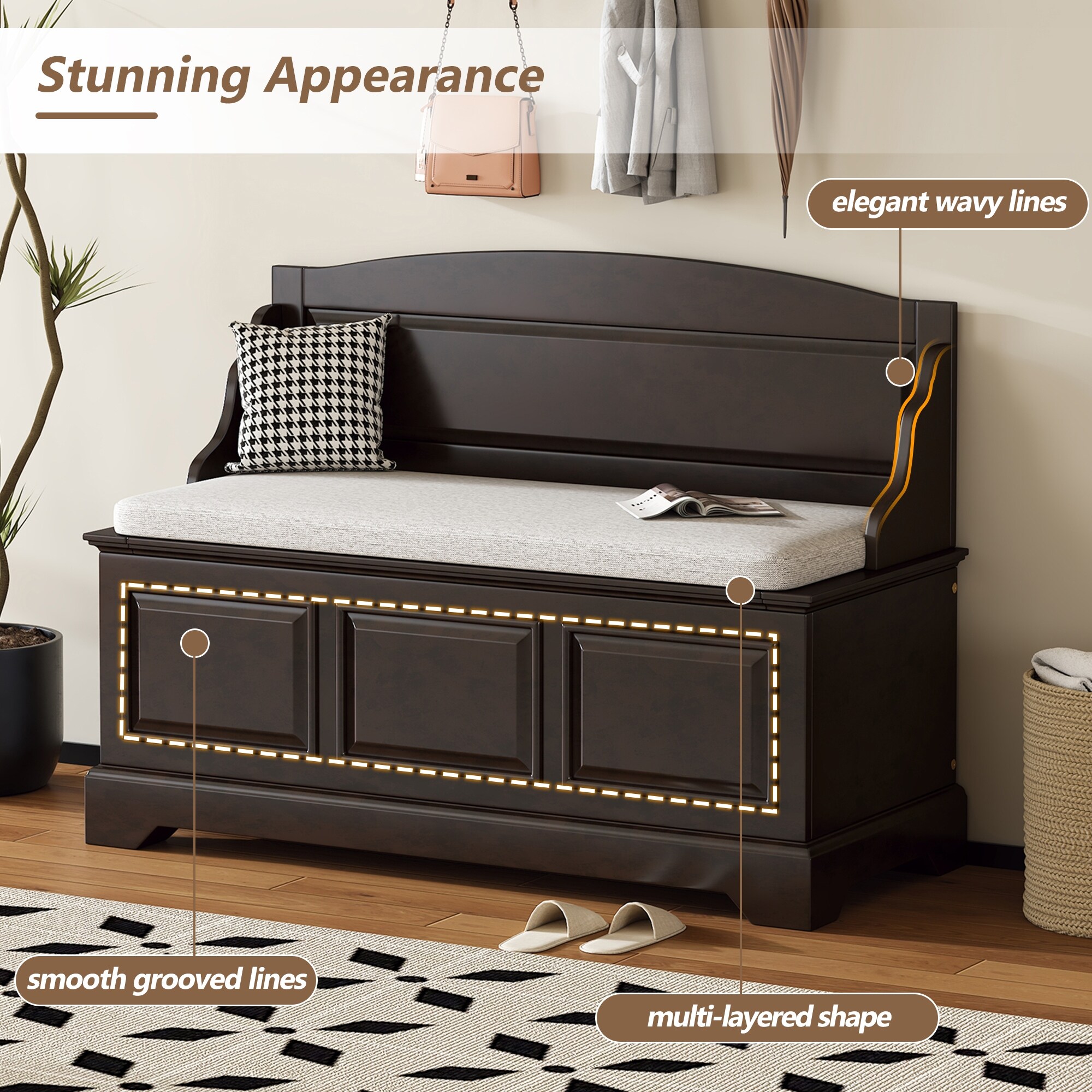 Storage Bench with Backrest, Entryway Benches with Cushion