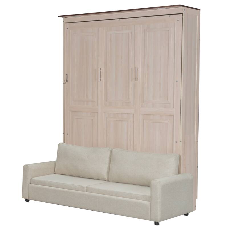 Queen Size Murphy Bed with Upholstered Sofa and Top LED, Beige, Space Saving Foldable Platform Bed Frame