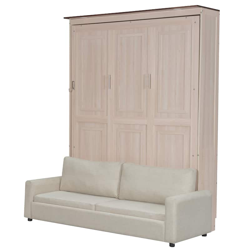 Roomfitters Queen Murphy Bed with Foldable Sofa and LED Lights, Space Saving, Beige