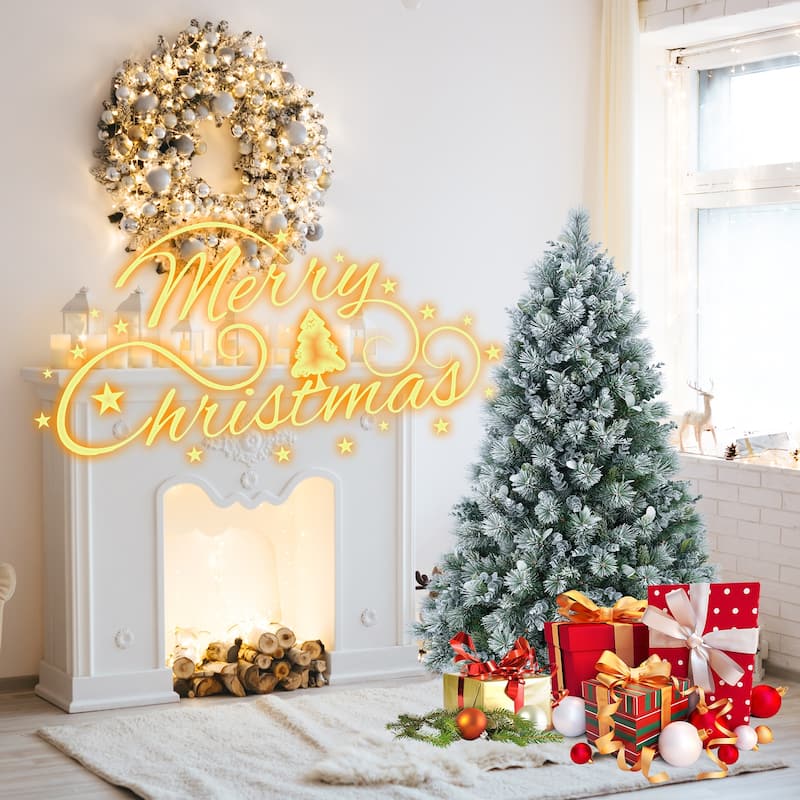 4FT Flocked Christmas Tree with Pine Needles & Eucalyptus Leaves, 404 Tips, Hinged Branches, Metal Stand-Snowy Artificial Tree
