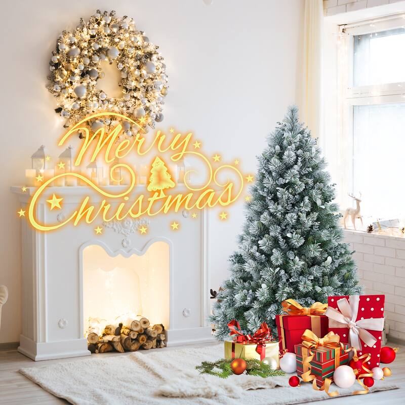4FT Flocked Christmas Tree with Pine Needles & Eucalyptus Leaves, 404 Tips, Hinged Branches,Metal Stand-Snowy Artificial Tree