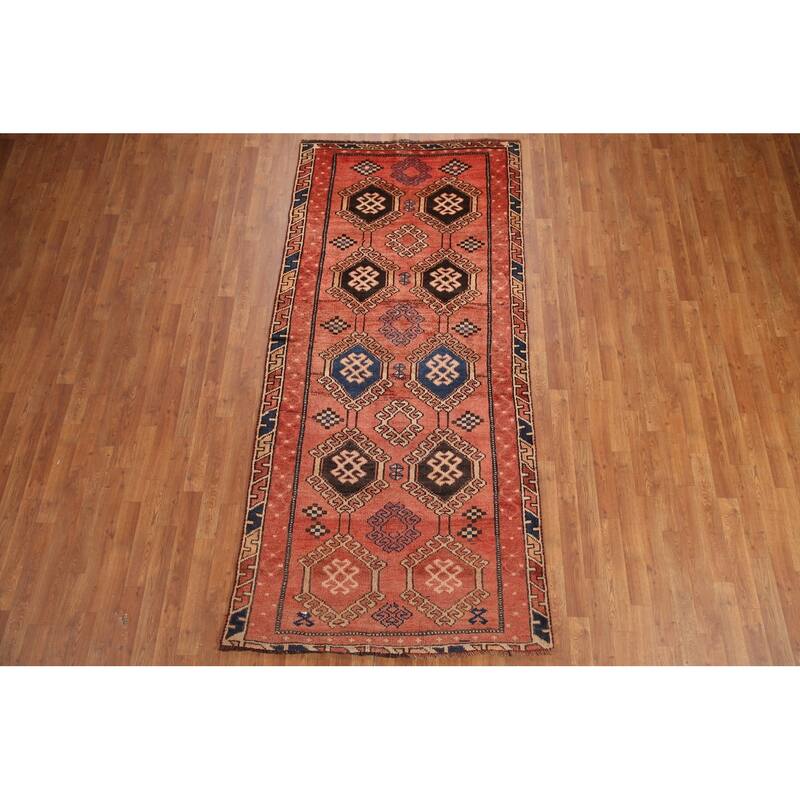 Hand Knotted Oriental 100% Wool Carpet Traditional Geometric Red Qashqai Runner Rug - 8' 9'' X 4' 0''