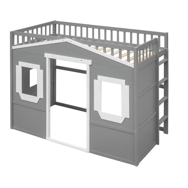 Gray/White Castle Style Solid Pine Wood Loft Bed with Ladder and Guard Rails
