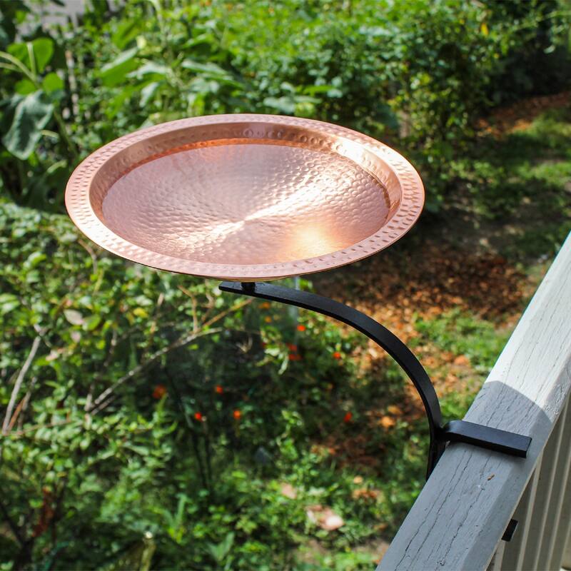 Achla Designs 19" W Round Satin Hammered Solid Copper Birdbath Bowl w/Black Wrought Iron Rail Mount Bracket