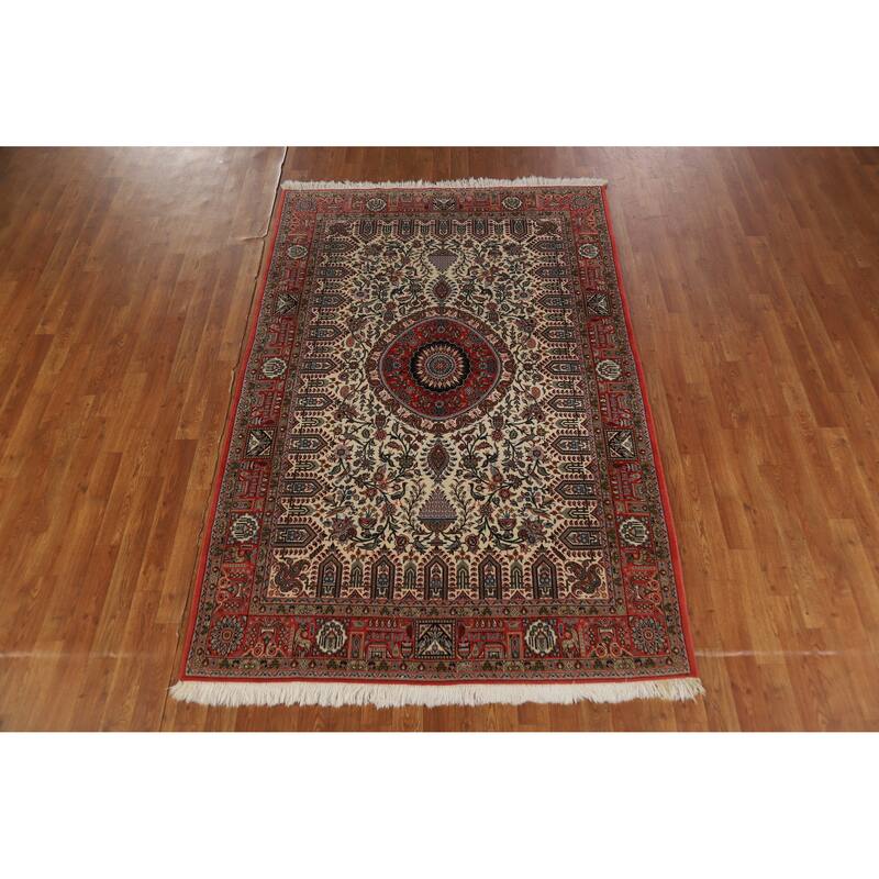 Hand Knotted Oriental Kork Wool Carpet Traditional Floral Beige & Ivories Qum Area Rug - 7' 2'' X 4' 9''