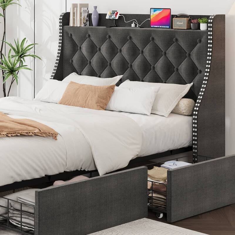 Bed Frame with 4 Storage Drawers and Headboard