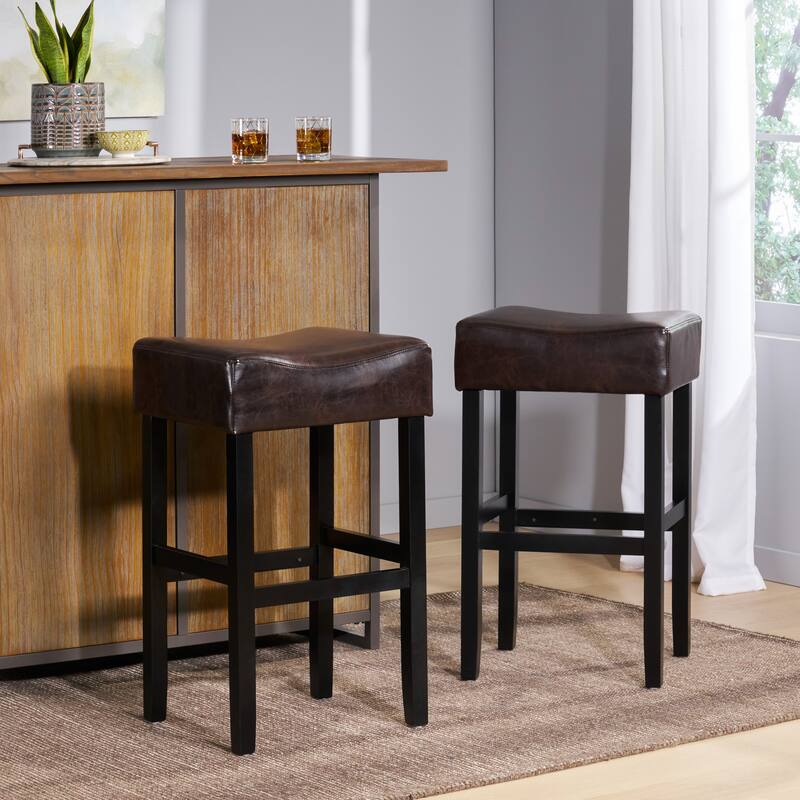 Luxurious Brown Faux Leather Upholstered Bar Stools Set of 2 with Durable Black Rubberwood Legs and Footrest for for Small Space