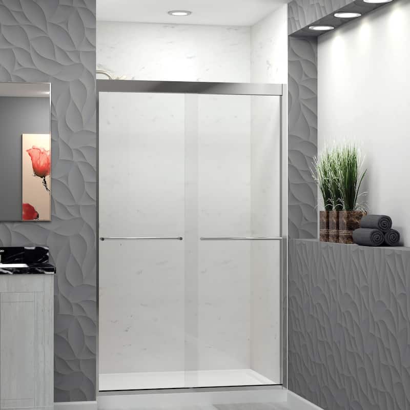 Frederick 47 in. W x 76 in. H Sliding Semi-Frameless Shower Door in Brushed Nickel with Clear Glass - 48 x 76 - 48 x 76 - Polished Chrome