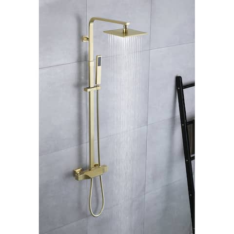 brushed gold wall mounted 3 way thermostatic exposed shower with tub spout and 8 inch rain head - 7'6" x 10'9"