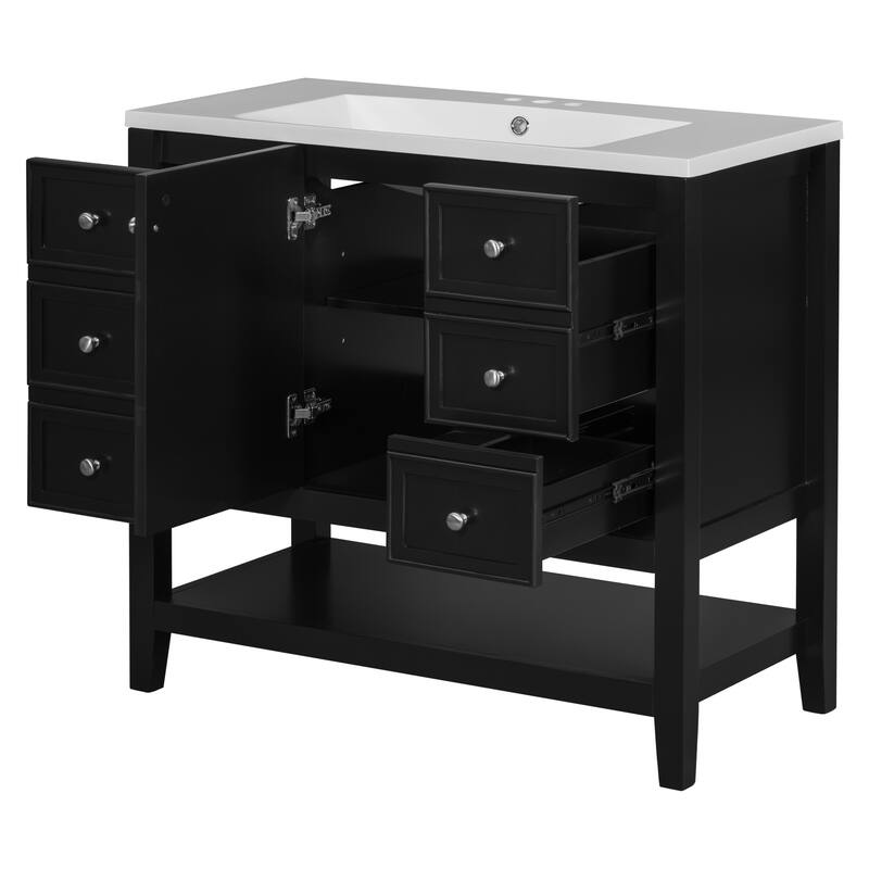 Freestanding 36" Bathroom Vanity Cabinet with Ceramic Sink & Open Storage Shelf