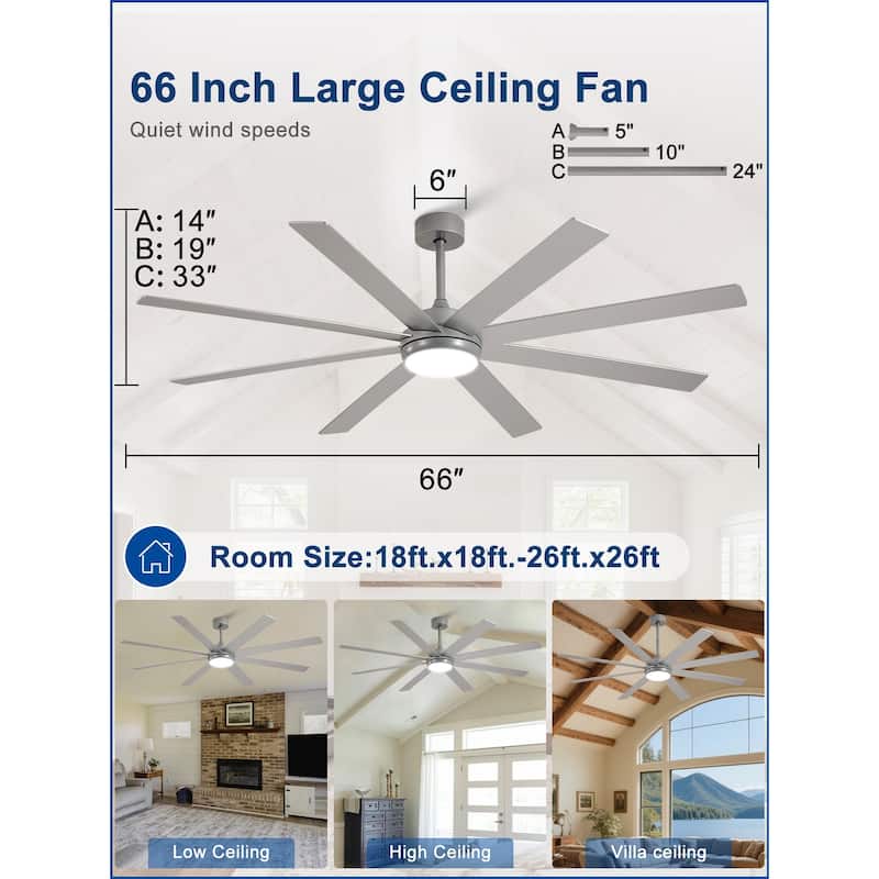 Large Ceiling Fan with Light - 8-Blade, Remote App Control, Dimmable 3CCT, Quiet DC Motor​, 66/72 Inches