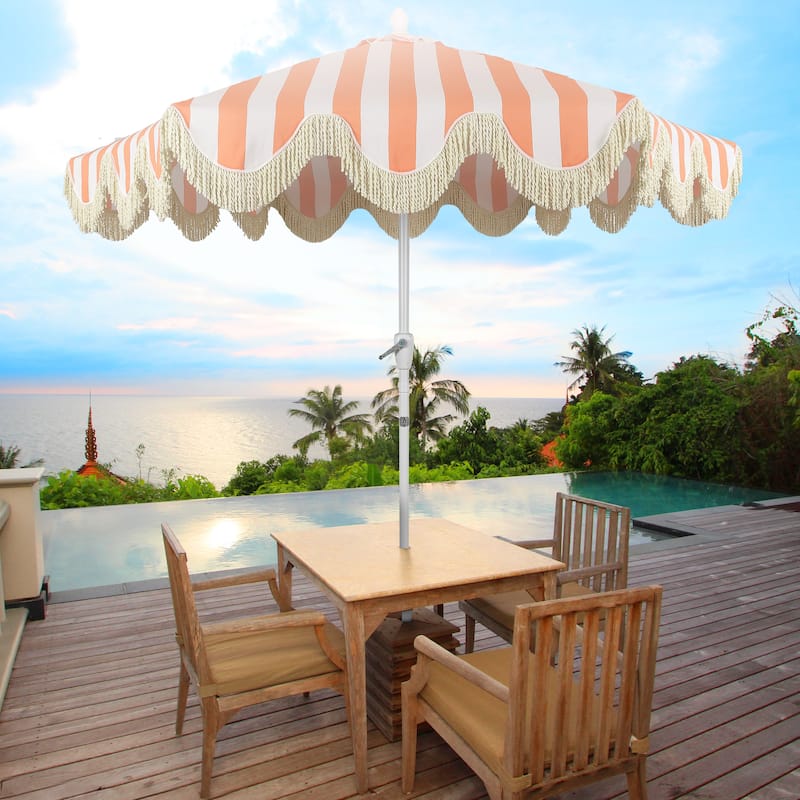 9ft Tassel Patio Umbrella Auto-Tilt, Crank , by JONATHAN Y - Coral Pink/White/Cream