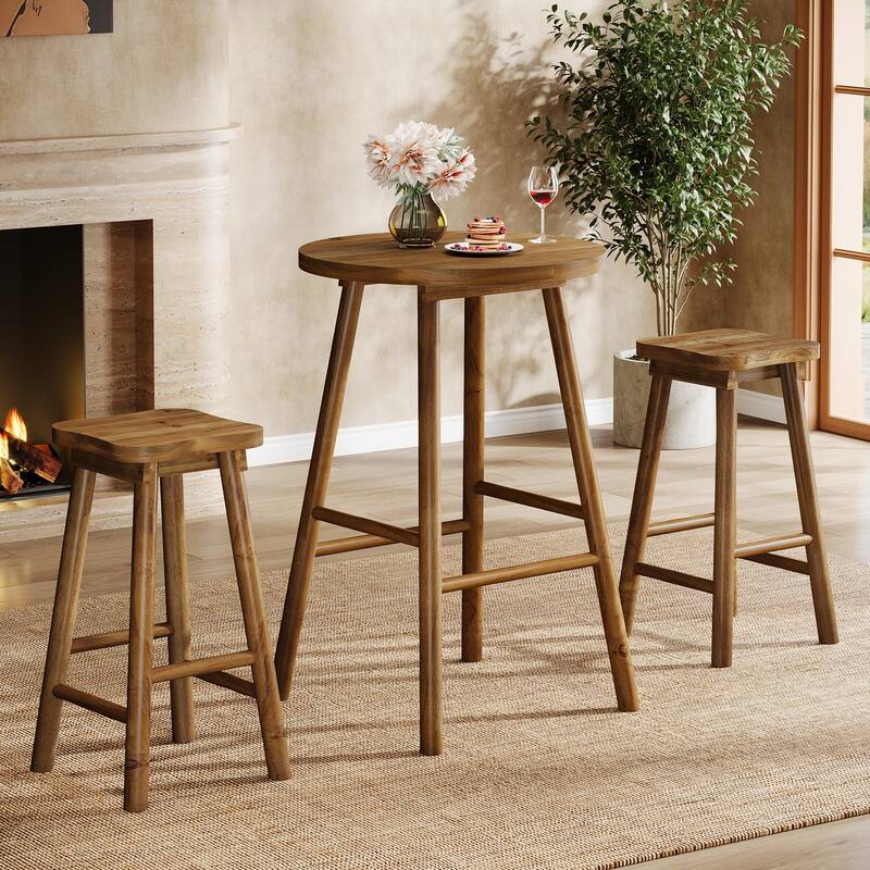 Solid Wood Bar Table & 2 Barstools Set, Pub Bistro Coffee Cocktail Dining Accent Table, Home Bar Kitchen Breakfast Nook