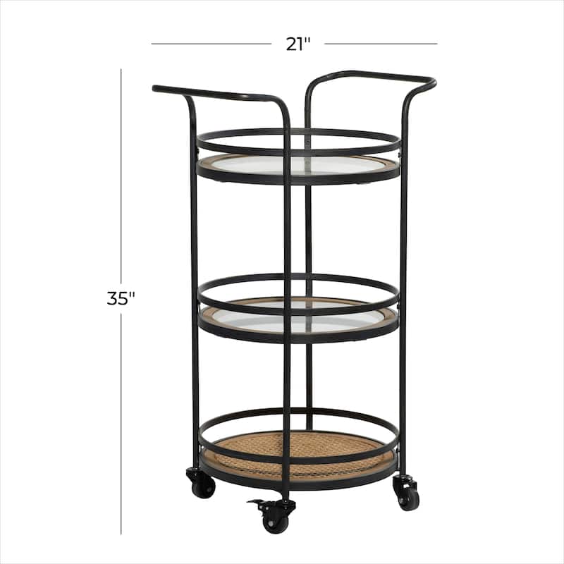 Metal Rolling 1 Rattan and 2 Glass Shelves Bar Cart with Handles - Brown - Roche River Decor - 16"Wx21"Lx35"H