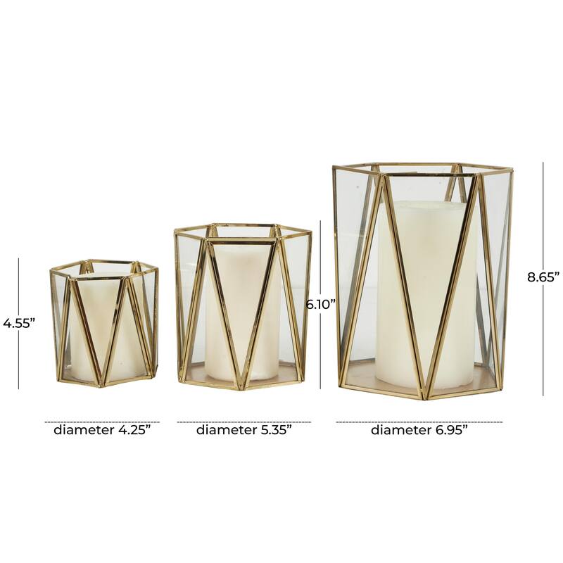 Metal Geometric Triangle Patterned Hexagon Indoor Outdoor Candle Lantern - Set of 3 Gold - CosmoLiving by Cosmopolitan