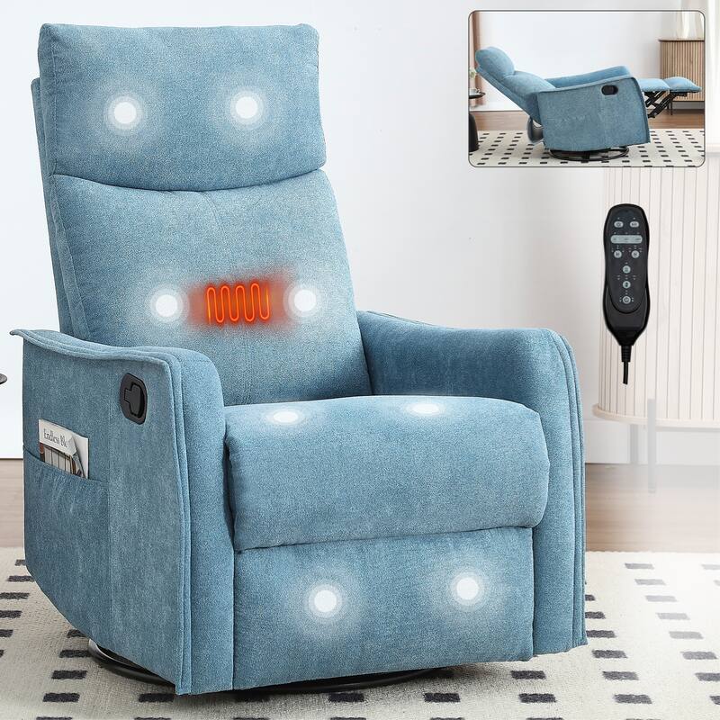 Heat Massage Manual Recliner Chair with Rocker and Swivel in Fabric for Living Room - Blue