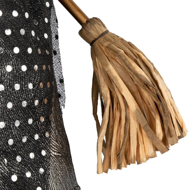 Witch with Broom Hanging Halloween Decoration - 18" - Black and Silver