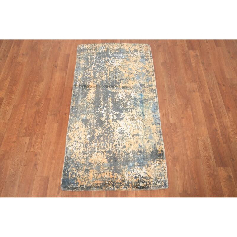 Hand Knotted Oriental Viscose Silk Carpet Modern Abstract Multi-Colored Abstract Area Rug - 4' 0'' X 2' 0''