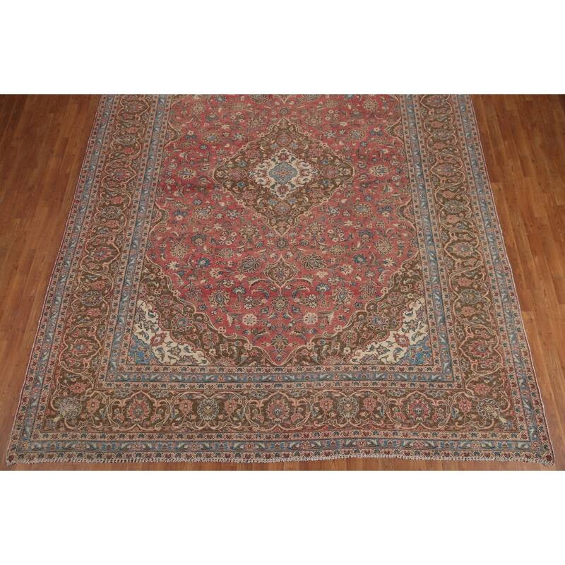 Hand Knotted Oriental 100% Wool Carpet Traditional Floral Pink Kashan Area Rug - 12' 11'' X 9' 7''
