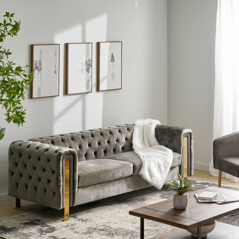 Modern 83.75" Velvet Button Tufted 3-seater Sofa with Iron Legs for Living Room