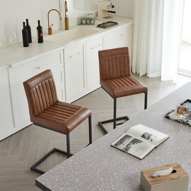 Set of 2 Vintage Brown Faux Leather Bar Stools, 26" Height with Tufted Backrest & Black Metal Frame