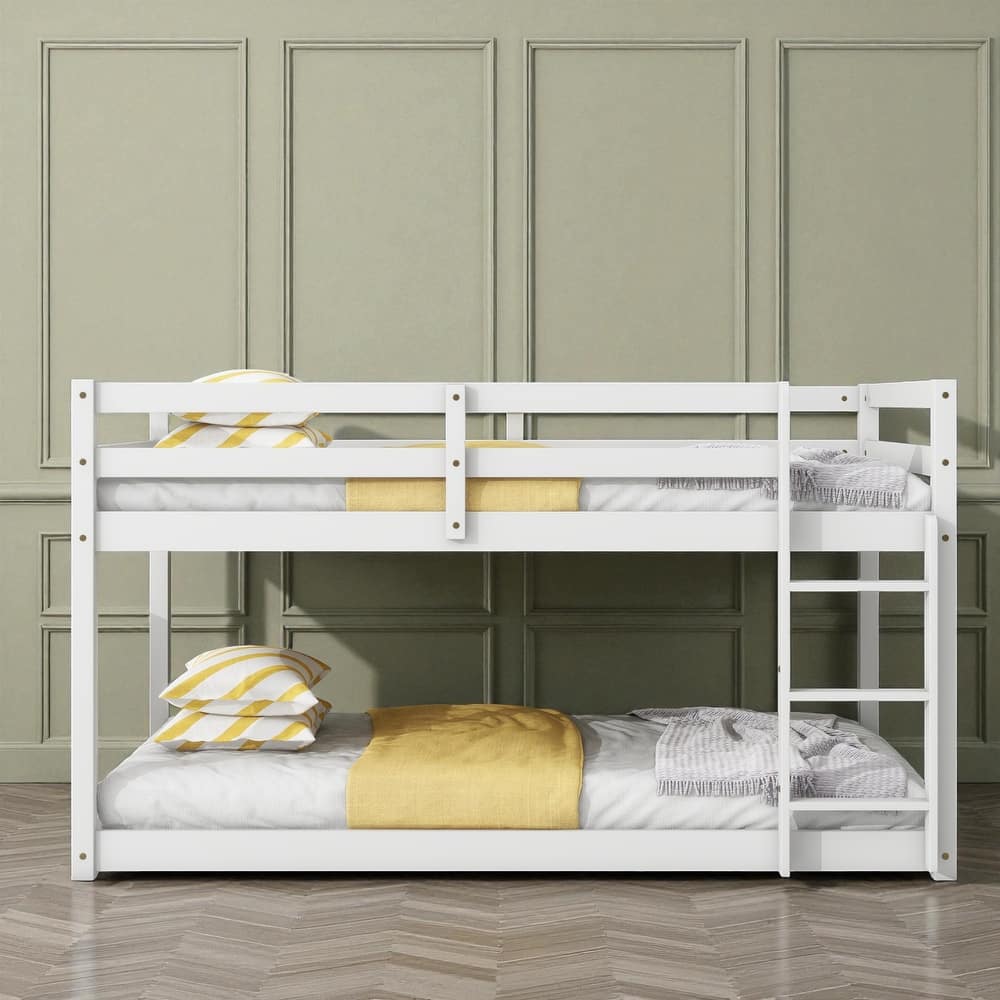 Solid Rubber Wood Twin Over Twin Floor Bunk Bed with Ladder, Low Height Design and Strengthened Slat Support