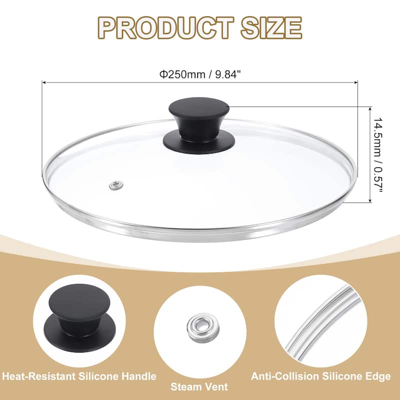 1 Pcs Universal Lid for Pot Cookware, Replacement Glass Pan Lids - Clear, Black - Fit 9.5 Inch