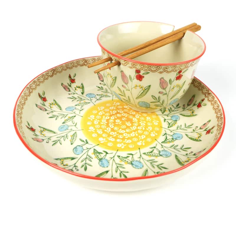 Euro Ceramica Ella 3 Piece Dinner and Ramen Bowl Set - Service for 1 - Red