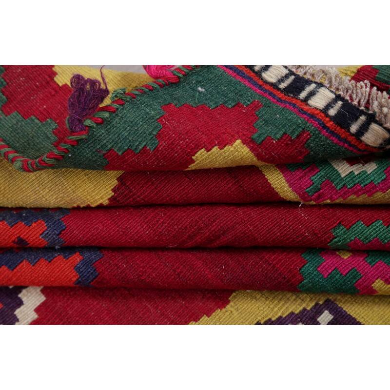 Hand Woven Oriental 100% Wool Carpet Southwestern Geometric Red Kilim Runner Rug - 8' 7'' X 4' 5''