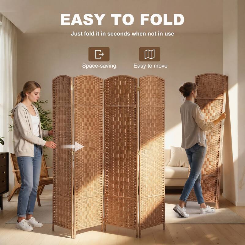 HomCom 6' Tall Wicker Weave Four Panel Room Divider Privacy Screen - Natural Blonde Wood