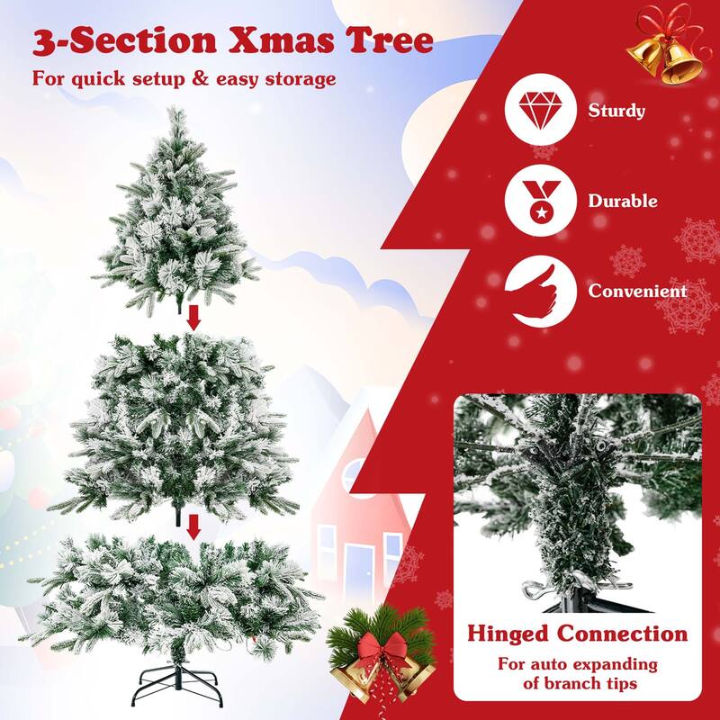 Costway 6/7 FT Pre-Lit Flocked Christmas Tree Hinged Xmas Decoration