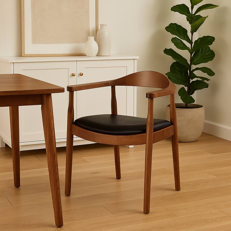 Wooden Farmhouse Dining Chair | PU Leather Cushion Seat | Modern Accent Kennedy Armchair for Kitchen Dining Room or Office