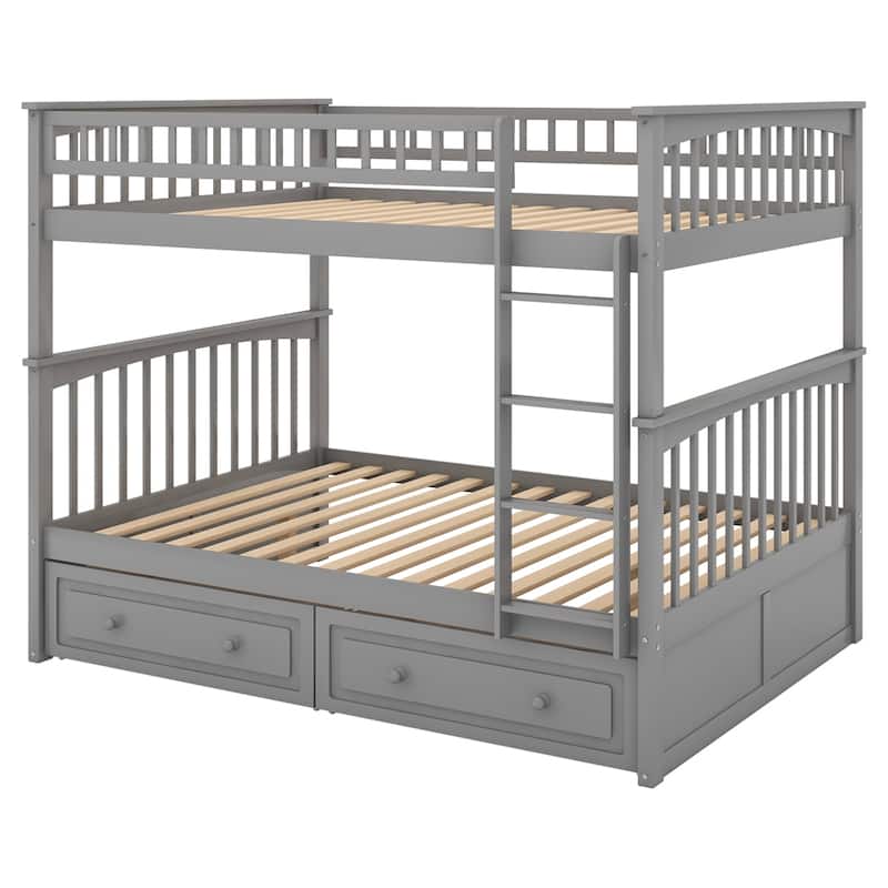 Full Over Full Wood Bunk Bed with Drawers and Guardrail