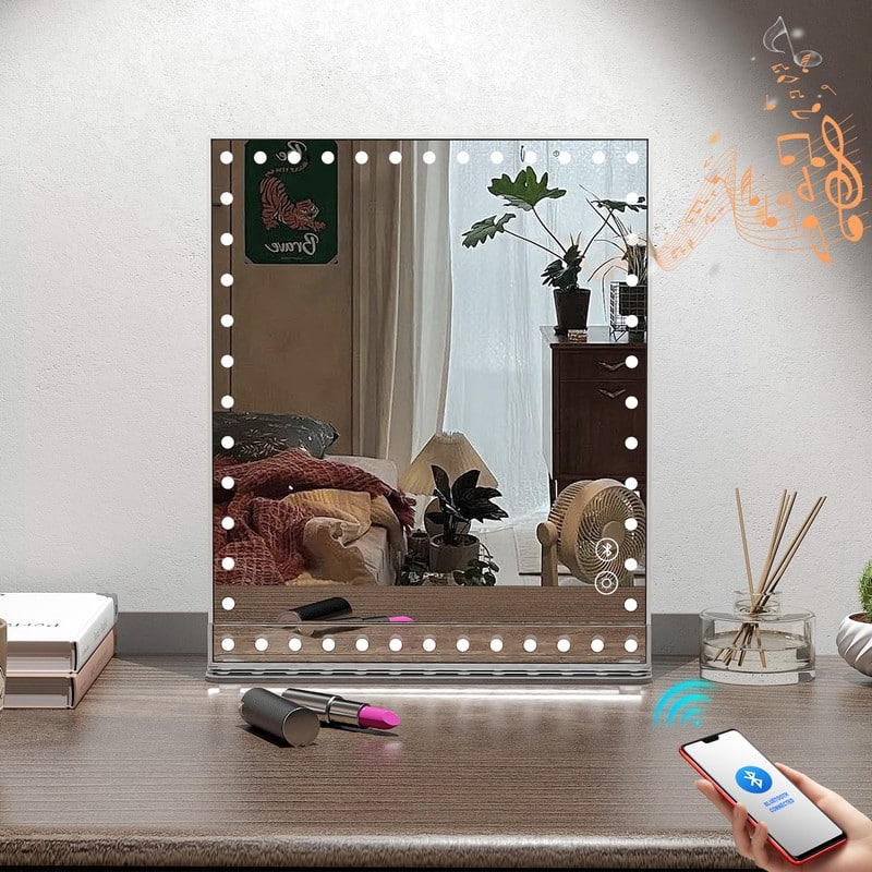 Hollywood Makeup Vanity Mirror 9.84" x 11.81" With LED Light Beads Adjustable Brightness Bluetooth Speaker White - N/A