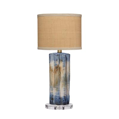 Absy Accent Table Lamp, Brown Oval Raffia Shade, Abstract Blue 23 Inch
