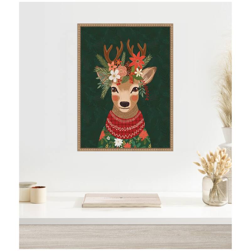 Kate and Laurel Sylvie Beaded Christmas Deer Framed Canvas by Mia Charro - Sylvie Beaded Rustic Natural