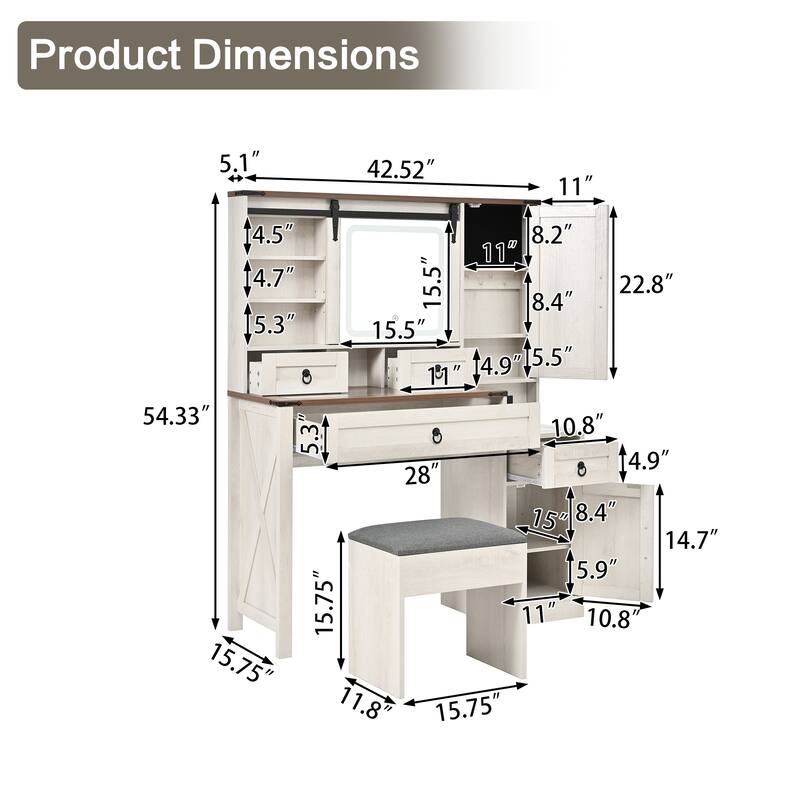 2-Piece Bedroom Makeup Vanity Set with Stool, Farmhouse Glass Top Vanity Desk with Sliding Mirror, Lights and Charging Station