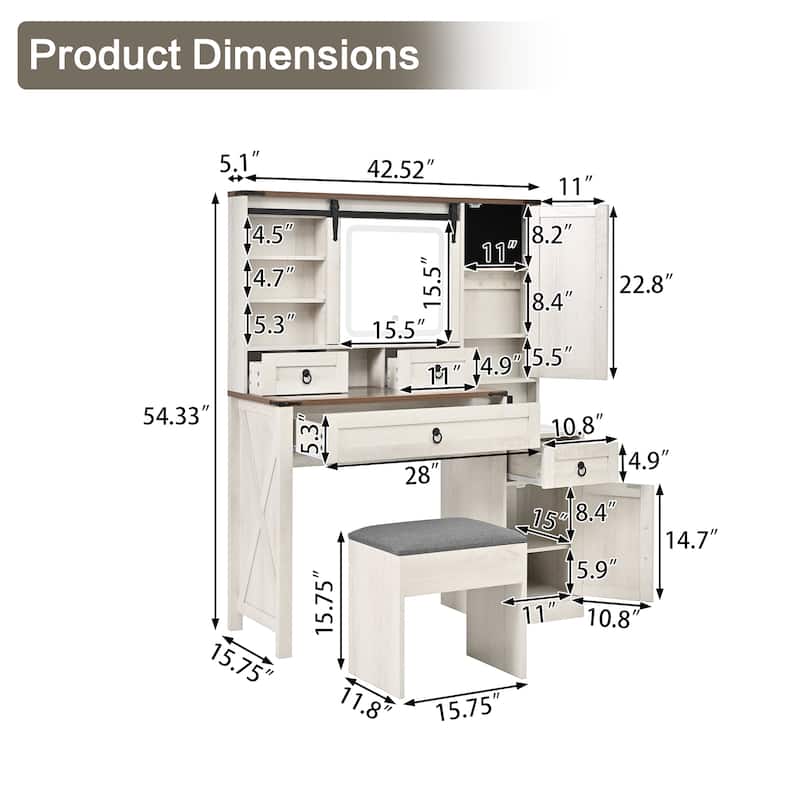 Farmhouse Vanity Desk with Sliding Mirror and Lights