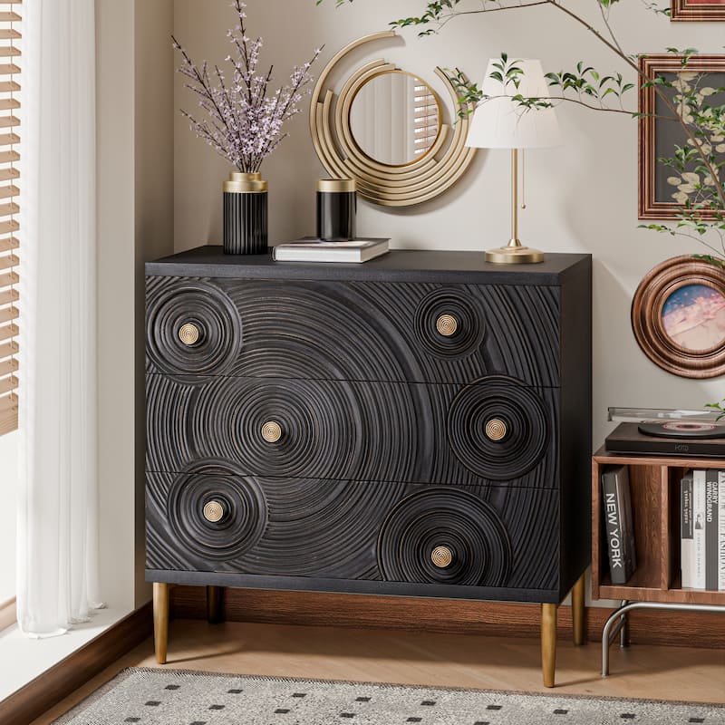 COZAYH Farmhouse Embossed 3 Drawer Dresser with Ring Motif, Distressed Boho Nightstand for Bedroom, Living Room, French Country