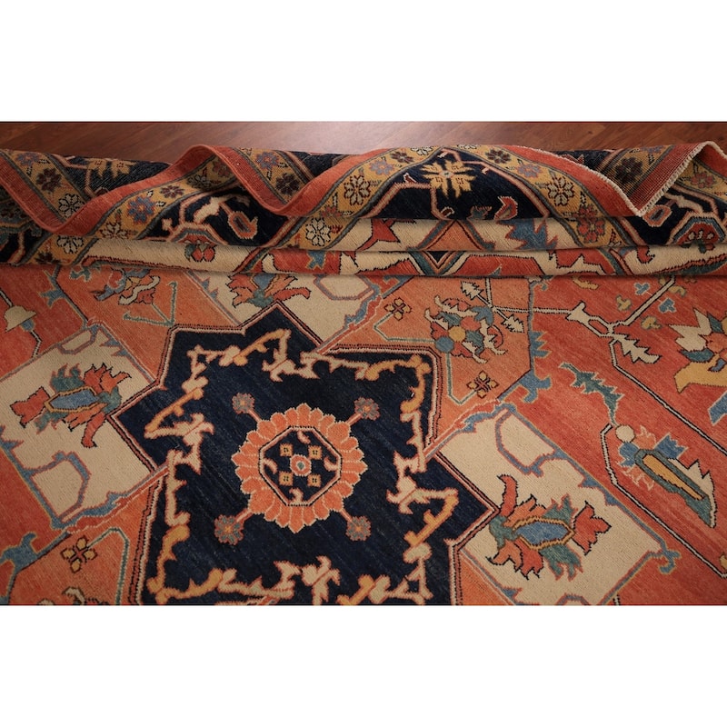 Vegetable Dye Orange Heriz Oriental Area Rug Handmade Wool Carpet - 8'11" x 11'4"