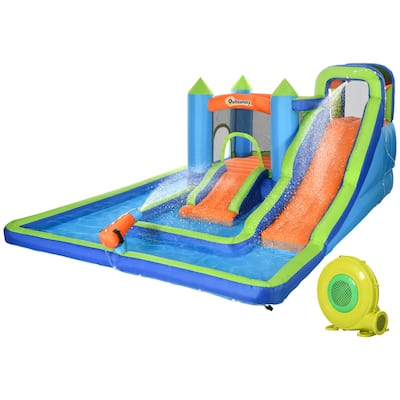 Outsunny 5 in-1 Kids Bounce House with Two Slides, Pool, Trampoline, Climbing Wall, Water Cannon