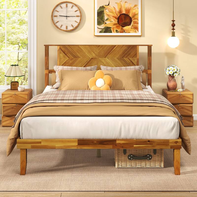 Rustic Golden Brown Twin Size Wooden Platform Bed Frame with Headboard and Under Bed Storage Acacia Wood Construction