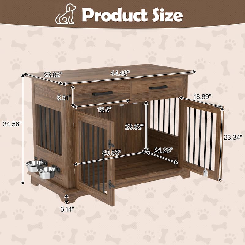 Rossetta 4-Lock Large Indoor Wooden Dog Chew-Resistant Build Dog Crate Furniture with Storage Drawers, Rotatable Dog Bowls
