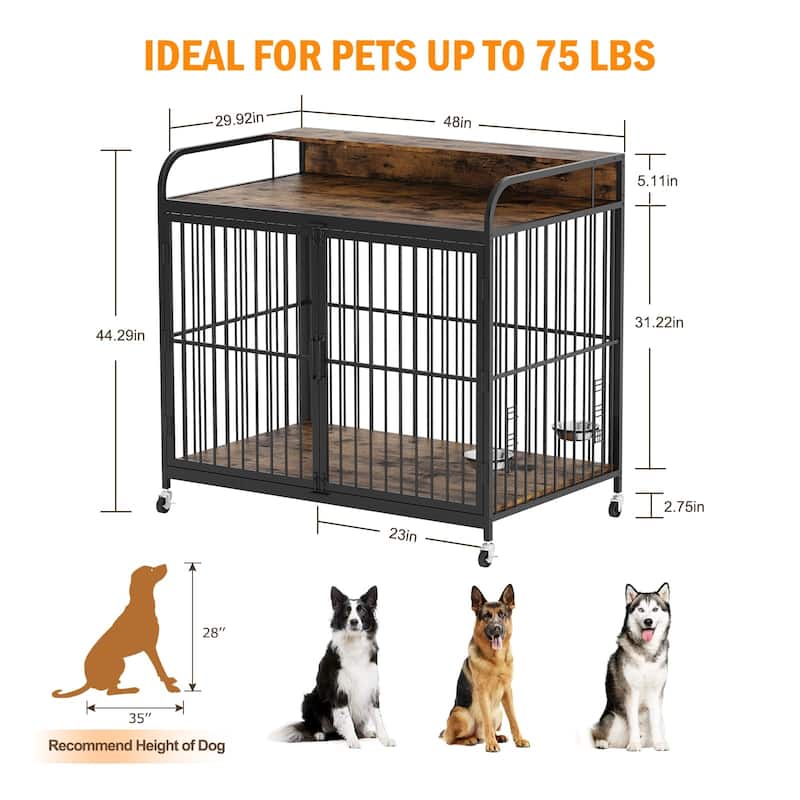 Dog Crate with Wheels, Adjustable Feeder, Storage Shelf, Table Top