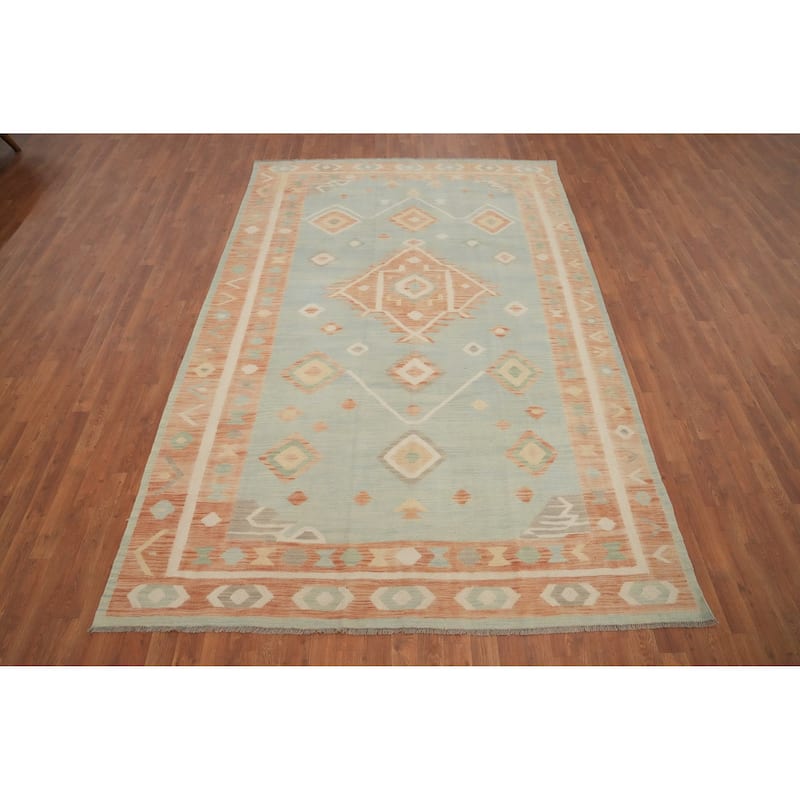 Hand Woven Oriental 100% Wool Carpet Southwestern Tribal Navy Blue & Blues Kilim Area Rug - 9' 9'' X 6' 5''