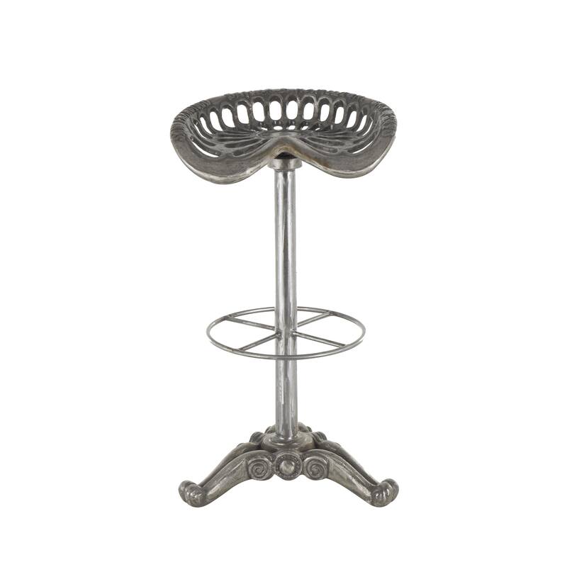 Metal Scroll Weathered Antique Cast Iron Bar Stool with Cutout Textured Seat and Footrest - Silver - Roche River Decor