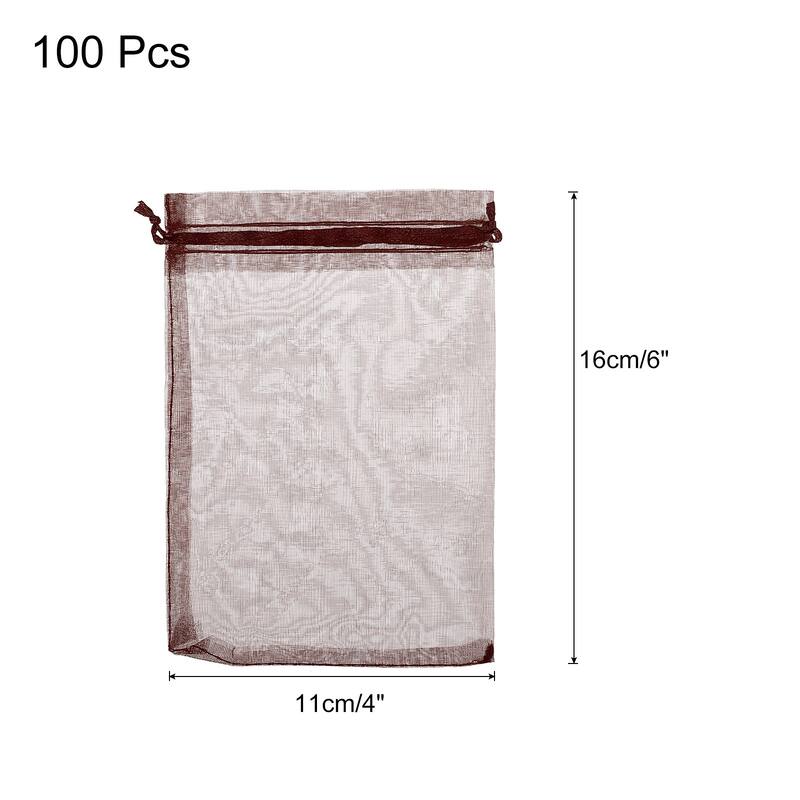 100pcs Organza Bags Drawstring Favor Pouches Sheer Mesh Bag for Party - Brown - 4 inch x 6 inch