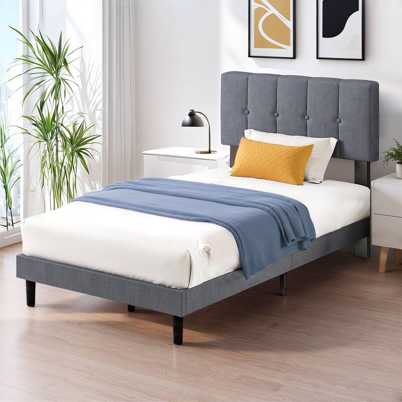Twin Bed Frame Upholstered Platform with Headboard and Strong Wooden Slats,No Box Spring Needed, Easy Assembly - Grey - Twin