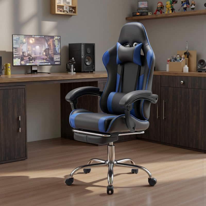 Ergonomic Faux Leather High Back Gaming Chair with Footrest & Linkage Armrests – Black & Gray for Adults